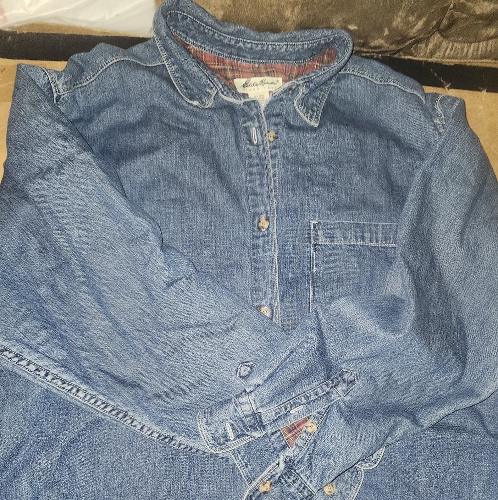 VTG  90s Eddie Bauer Blue work wear shirt  plaid heavy made in hong kong unisex
